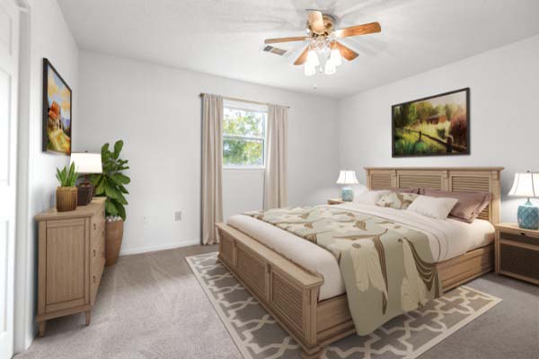 Decorated House Interior Living Space With Large Windows And Fireplace