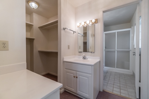 White Bathroom With Sink  Large Closet  And Shower